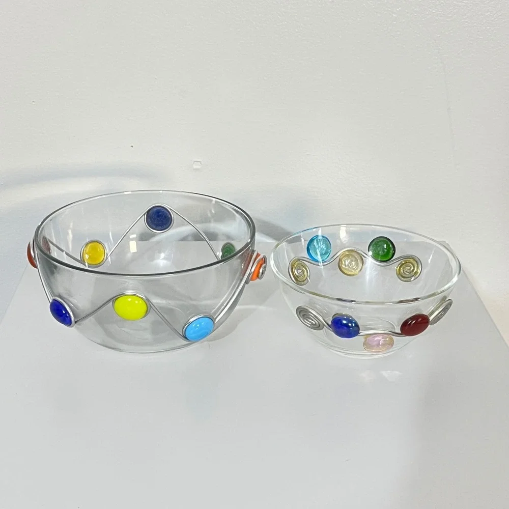Set of 2 ARC FRANCE‎ Clear Glass Bowls Swirl Wire Colorful Gem Accent